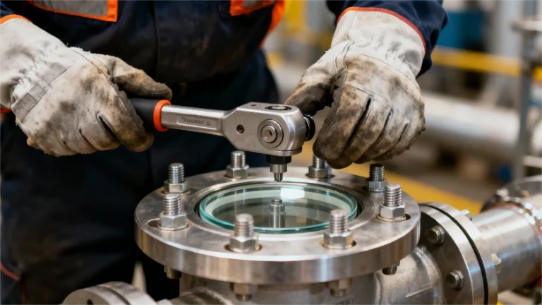 Technician checking sight glass bolt torque with torque wrench