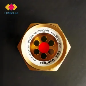 Lumiglas brass sight indicator plug front view showing red floating ball level indicator through borosilicate glass window