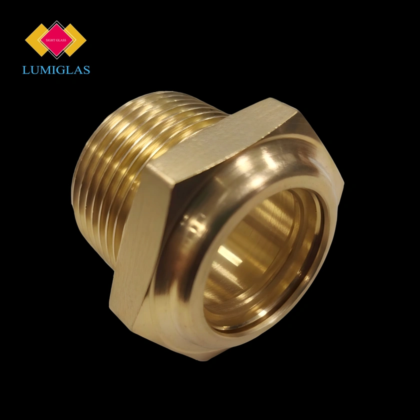 LUMIGLAS LSQ-075-B brass observation port 3/4 inch NPT inline sight glass fitting — front and rear view showing brass body and standard glass lens