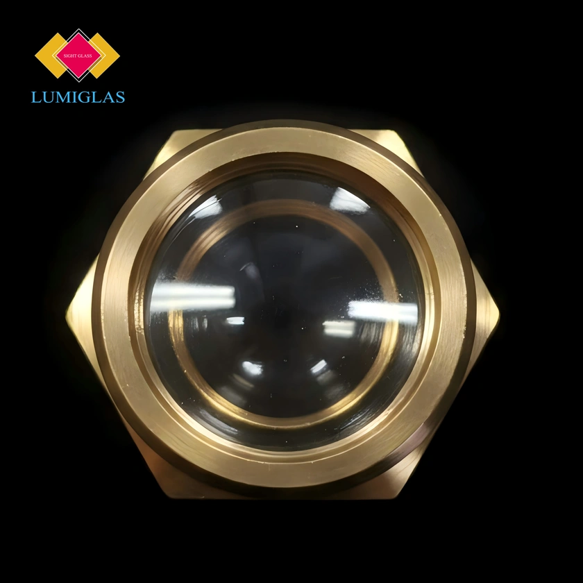 LUMIGLAS LSQ-075-B brass observation port 3/4 inch NPT inline sight glass fitting — front and rear view showing brass body and standard glass lens